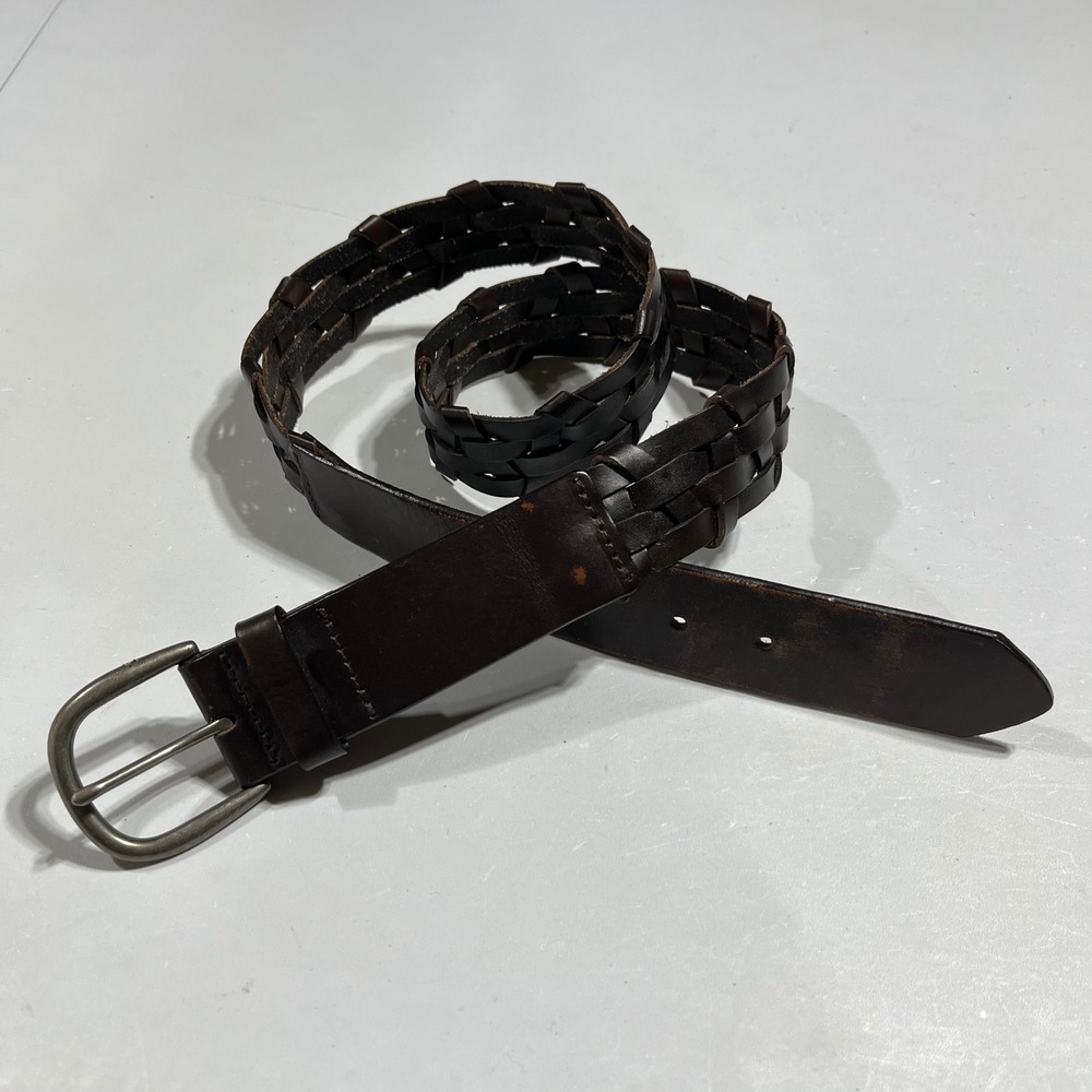 J. Jill Womens Dark Brown Woven Braided Genuine Leather Belt XS/S Silver Buckle